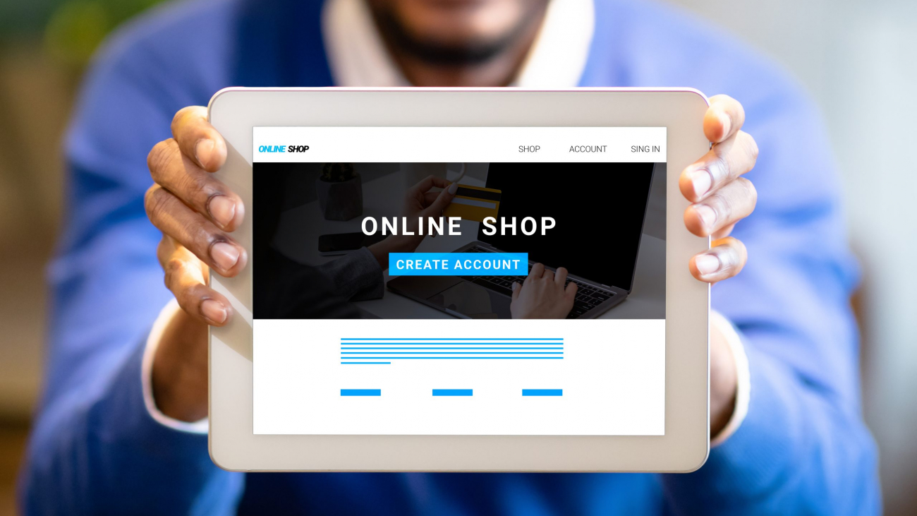 Young black businessman showing tablet with online shop website on screen, creative collage. Panorama