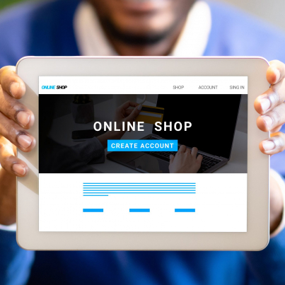 Young black businessman showing tablet with online shop website on screen, creative collage. Panorama